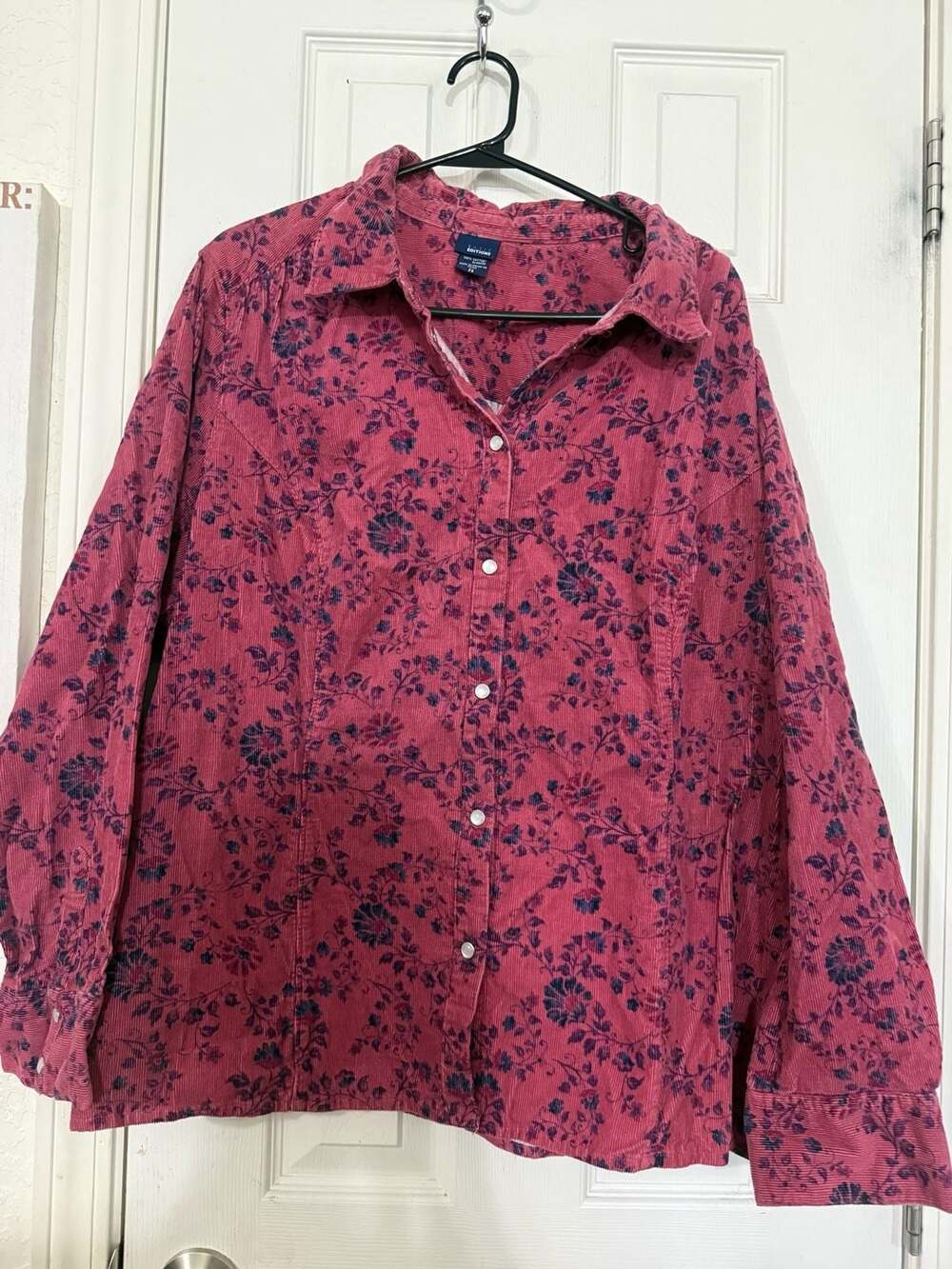 Basic Editions Women's Pink and Blue Floral Corduroy Long Sleeve Button-Up Shirt